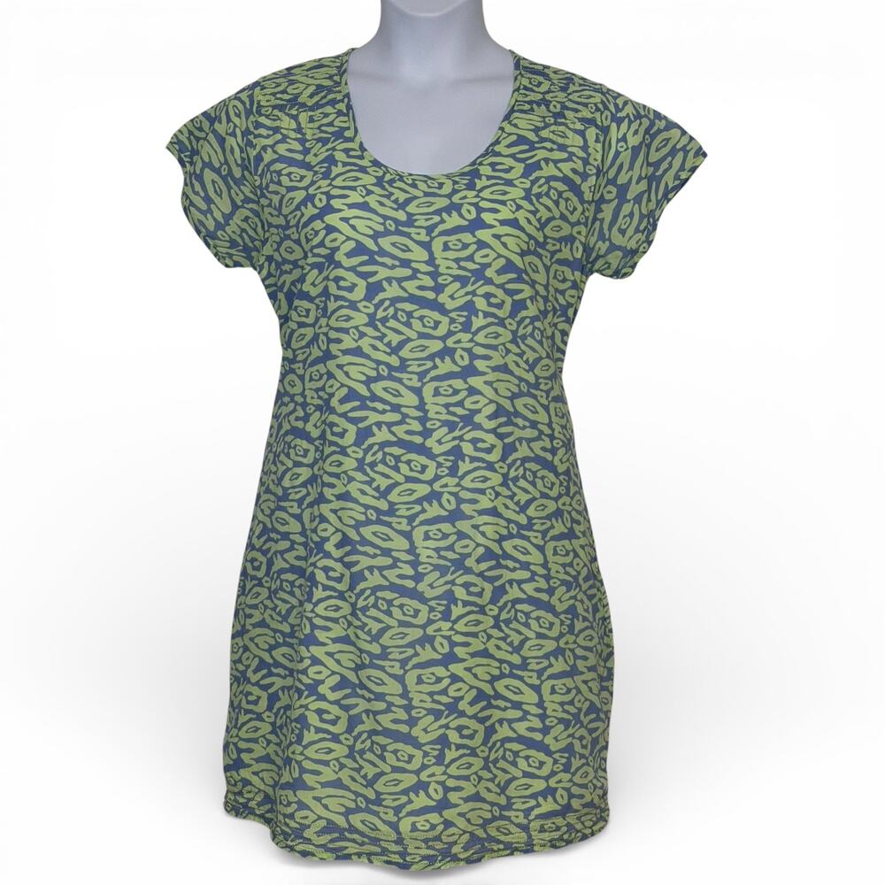 Blue and Green Patterned Scoop-Neck Midi Dress